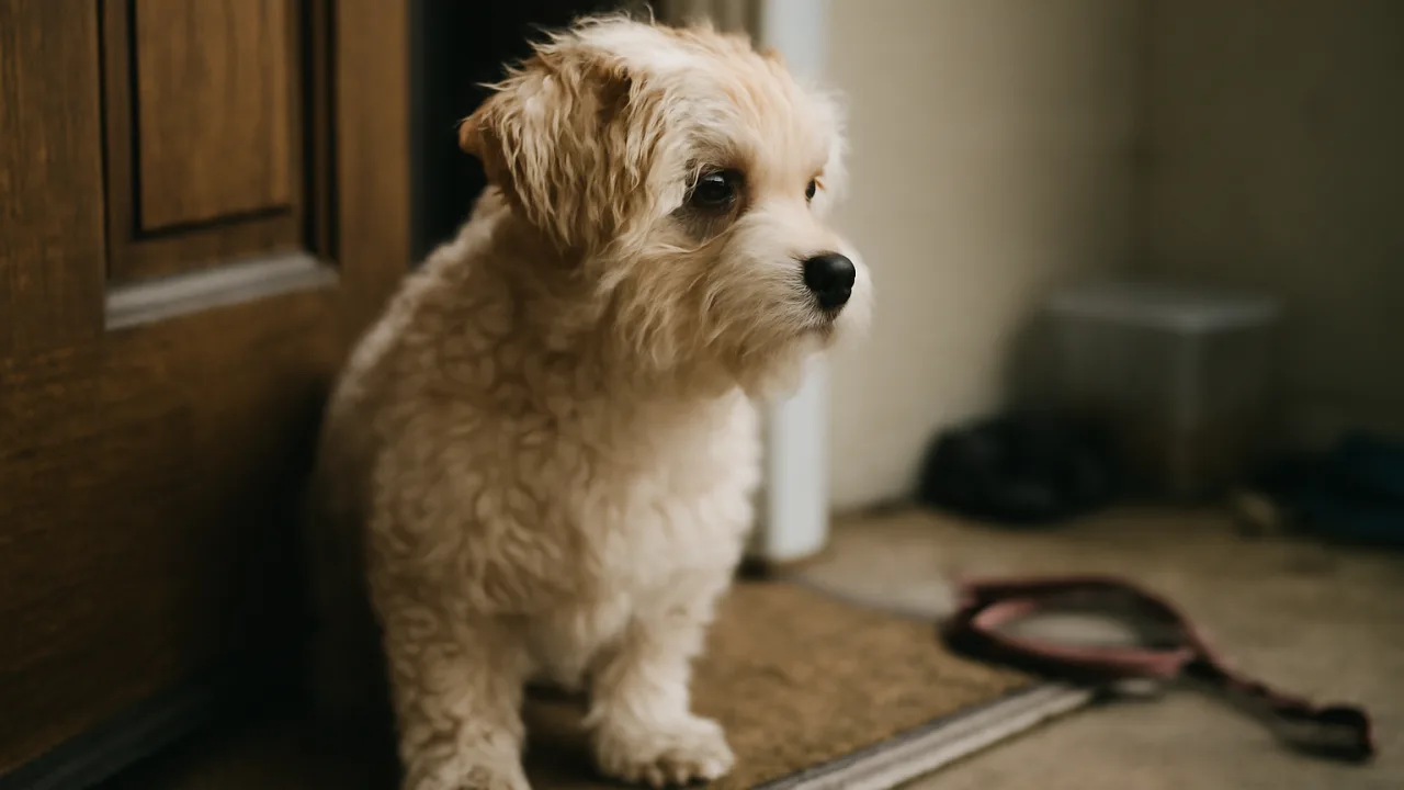 Ev girişindeki açık kapı eşiğinde bekleyen küçük bir köpek, hafif dağınık bir ortamda doğal gün ışığında gerçekçi görünüyor.
